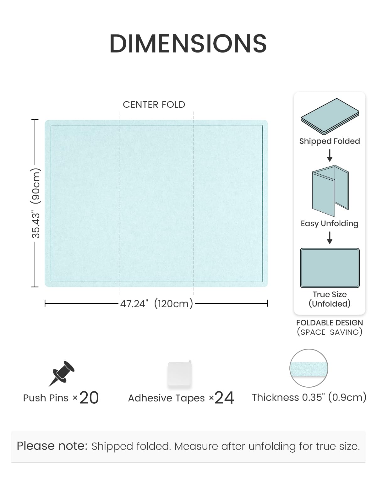 Fluxynara Large Bulletin Board, 47.2" x 35.4" Cork Board Alternative with 24 Safe Removable Adhesive Tabs, Foldable Felt Pin Board for Home Office, Classroom, Bedroom,Entryway for Walls—Aqua Blue