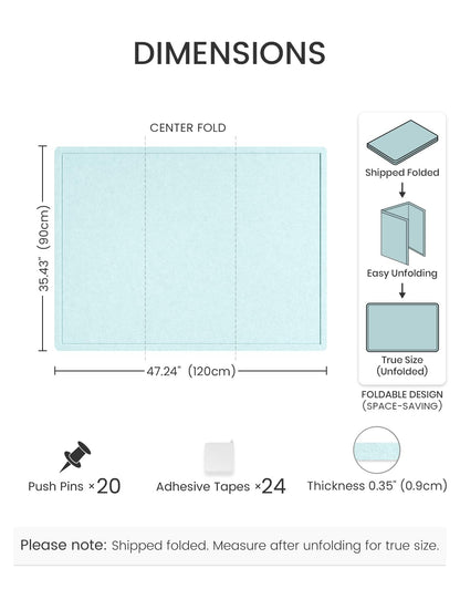 Fluxynara Large Bulletin Board, 47.2" x 35.4" Cork Board Alternative with 24 Safe Removable Adhesive Tabs, Foldable Felt Pin Board for Home Office, Classroom, Bedroom,Entryway for Walls—Aqua Blue