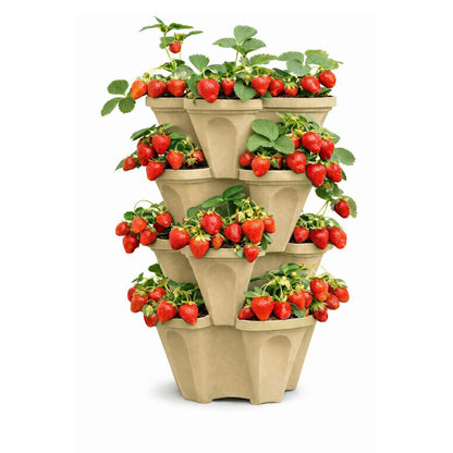 smart spring Large Vertical Planter Tower, 4 Tier Stackable Garden Planter, 28 Plant Sites, Heavy Duty Strawberry Planter, Vertical Growing System with Center Hole, Made in USA (Desert Sand)