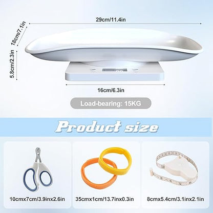Digital Pet Scale for Small Animal, LED Display Puppy Whelping Scale with Tape Measure, Collar, Scissors for Newborn Pets, Cats, Dogs, Animals, Measures Up to 15kg, 11.4 * 7.1" (White)
