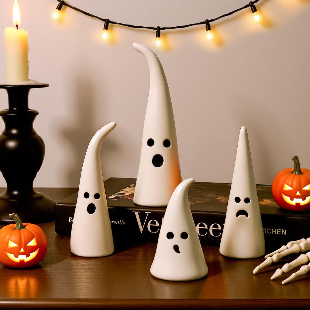 Pawliss Halloween Decor Ceramic Ghost: 4 pcs Cute Halloween Decorations Indoor, Rustic Witch Hat Shape Ghost Figurine, Farmhouse Table Desk Tiered Tray Mantel Fireplace Decor for Kids Home Office