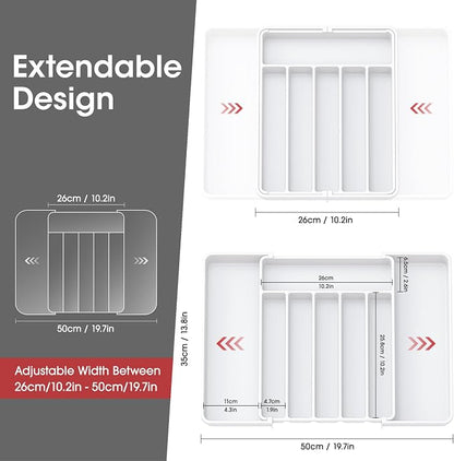 Aujen Silverware Organizer - Expandable Kitchen Drawer Organizer, Adjustable Utensil Organizer, Cutlery Tray for Forks, Knives, Multipurpose Kitchen Organizers and Storage Solution, White, Large