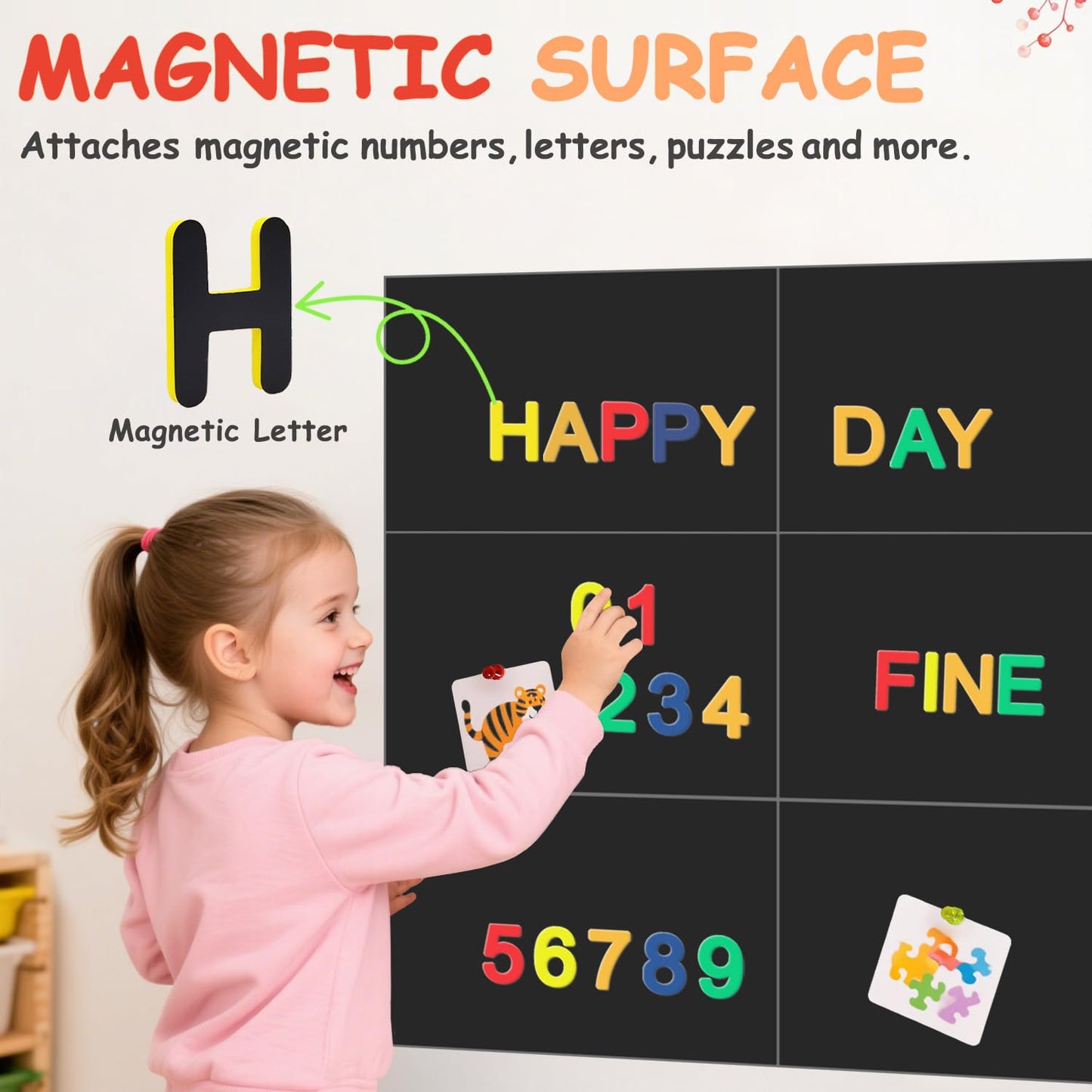OMKSIH Magnetic Chalkboard Wall Decal Black Set of 6 Peel and Stick Magnet Sheets with Tangram Puzzle and Multiple Accessories Magnetic Chalkboard for Home Playroom and Classroom