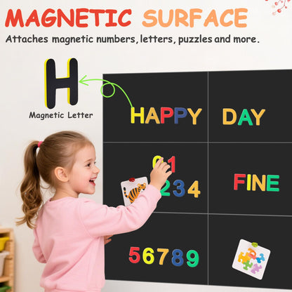 OMKSIH Magnetic Chalkboard Wall Decal Black Set of 6 Peel and Stick Magnet Sheets with Tangram Puzzle and Multiple Accessories Magnetic Chalkboard for Home Playroom and Classroom