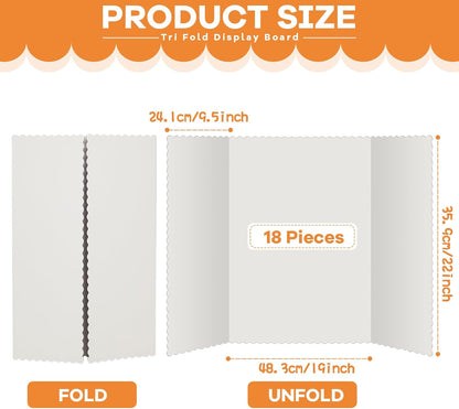 Ctosree 18 Pcs Tri Fold Poster Board Bulk, Lightweight Presentation Board, Science Fair Project Display Paperboard, Single Wall(22 x 38 Inch,White)