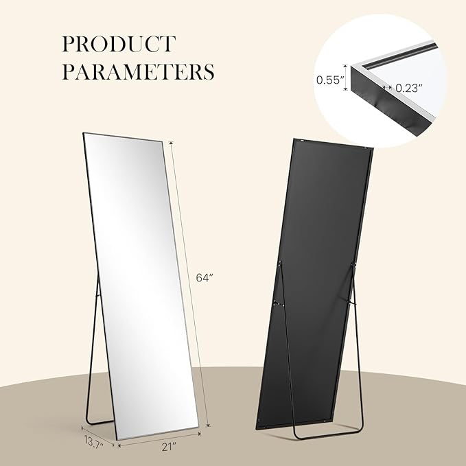 NEWBULIG Mirror Full Length, 64"x21" Body Wall Mirrors with Shatter-Proof Glass, Upgraded Floor Standing Mirror, Hanging or Leaning, with Stand Aluminum Alloy Frame for Home Decor, Bedroom, Black