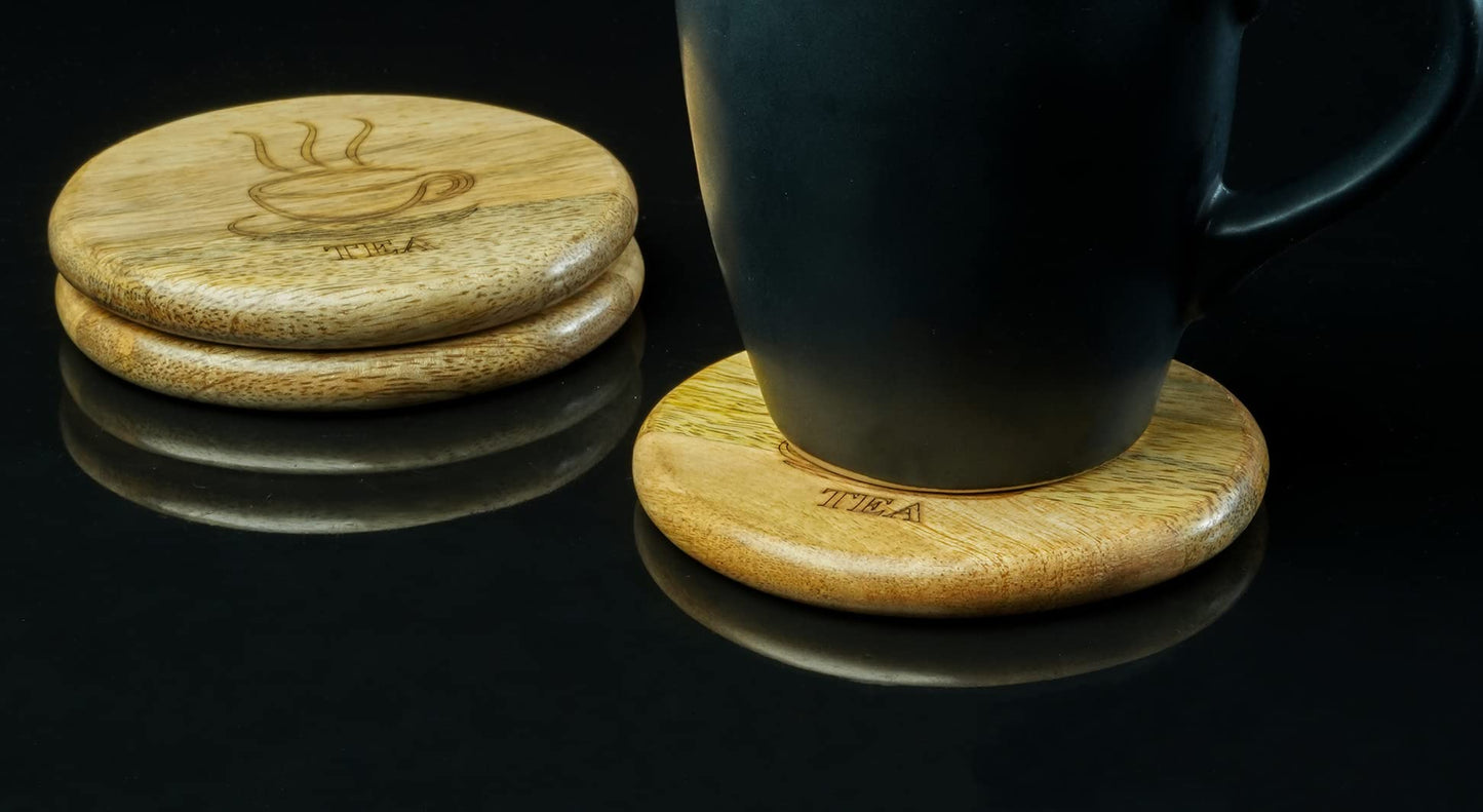 Wooden Coaster for Coffee Cups Glass & Can Table Decor | Wooden Coaster Set of 6 | 3 Round Coffee & 3 Square Tea Style Coaster Set | Handmade Design for Mug & Cup