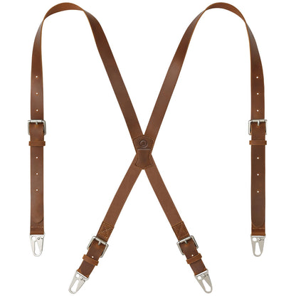 Jack&Chris Genuine Leather X-Shaped Suspenders for Men, Adjustable Heavy Duty Solid 1 Inch Wide Suspenders with Sturdy Clips, Men Accessories For Jeans, Brown