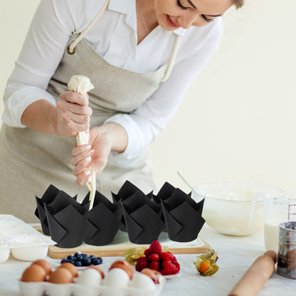 Jutom 200 Pack Tulip Cupcake Liners Paper Baking Cups Greaseproof Muffin Liners Grease Resistant Cupcake Wrappers for Weddings Birthday Cake Balls Muffins Candy Jelly Party(Black)