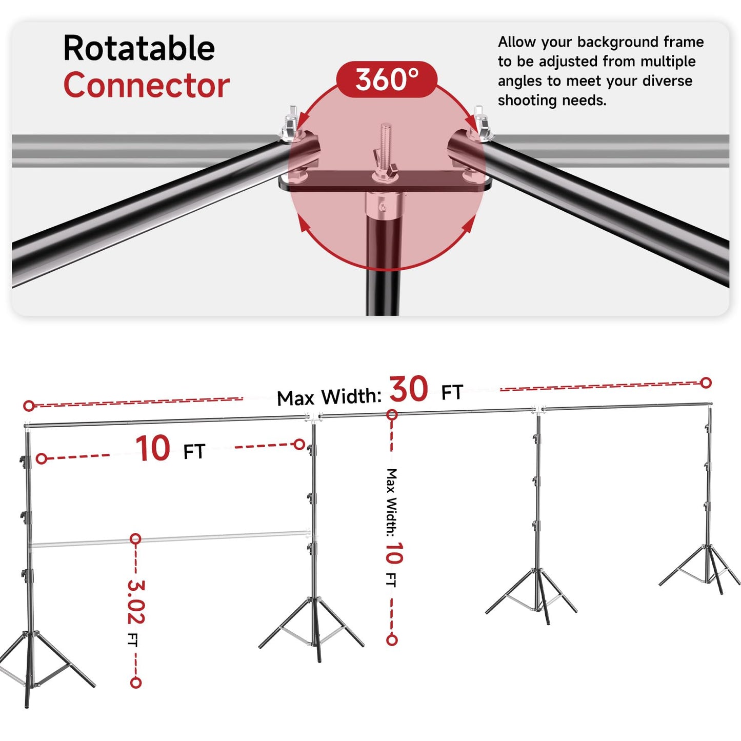 BEIYANG 10x30FT Photo Backdrop Stand, Angle Adjustable Triple Crossbar Extender Mount, Photography Background Support System, with Sand Bags,12 PCS Clamps for Wedding Party Celebration
