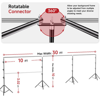 BEIYANG 10x30FT Photo Backdrop Stand, Angle Adjustable Triple Crossbar Extender Mount, Photography Background Support System, with Sand Bags,12 PCS Clamps for Wedding Party Celebration