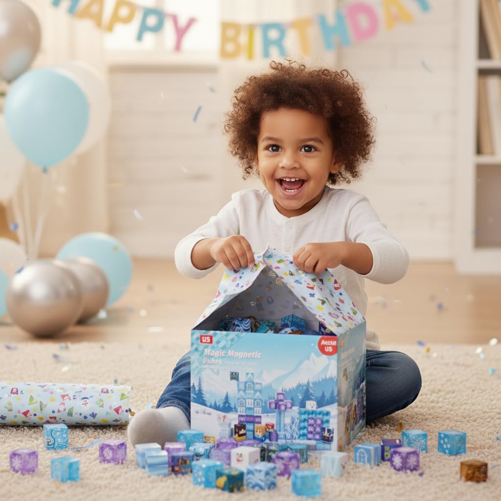 uMadeUs Magnetic Blocks Building Set - Puzzle Cubes as STEM Toys for Kids - Toddlers Sensory Construction Tiles - Ages 3+ Creative Educational Games for Boys and Girls - Frozen 100pc Blocks