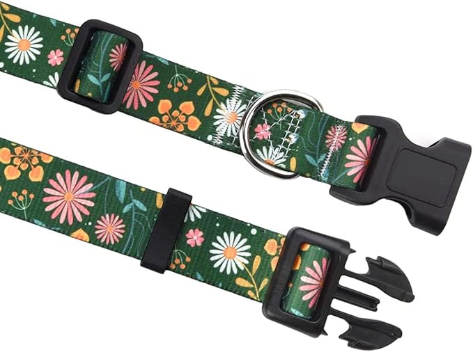 Mihqy Dog Collar with Bohemia Floral Tribal Geometric Patterns - Soft Ethnic Style Collar Adjustable for Small Medium Large Dogs(Dark Green Flower,M)