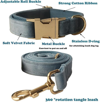 Love Dream Velvet Dog Collar and Leash Set, Soft & Comfy Adjustable Dog Leash and Collar with Heavy Duty Metal Buckle for Small Medium Large Dogs Training & Walking (Small, Pearl Blue)