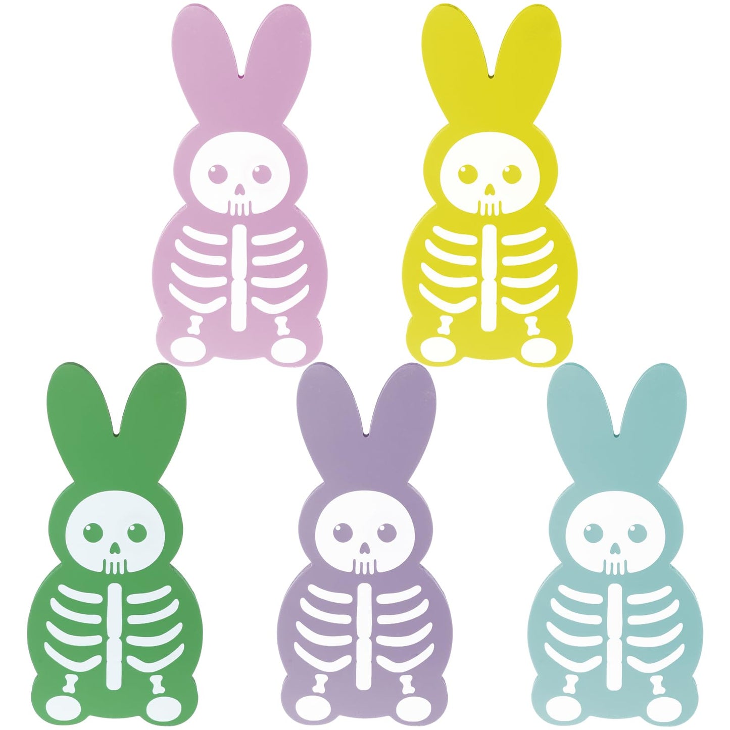Vicenpal 5 Pcs 9.8'' Summer Halloween Skeleton Bunny Wooden Signs Spooky Halloween Tiered Tray Decor Rabbit Table Centerpiece for Goth Tabletop Decorations for Bedroom Office Shelf Party Supplies