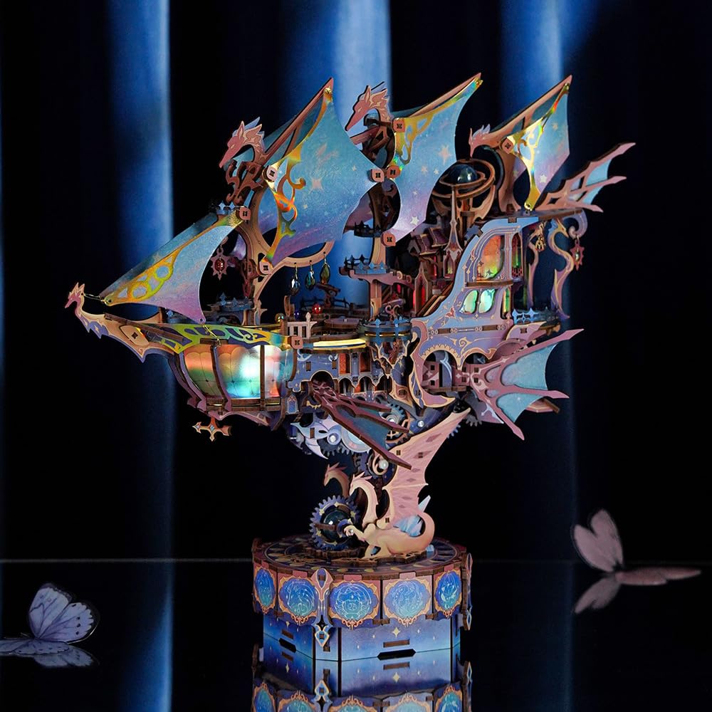 Tonecheer 3D Wooden Puzzle Airship Model Kit, DIY Transmission Model Fantasy Ship Spaceship with Music, Movable Building Kit Starlight Craft Mechanical Decor Idea Gift for Adults - Magical Galaxy