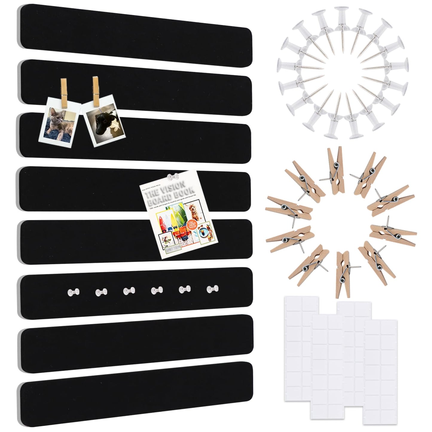 Vuzvuv 8 pcs Bulletin Board Bar Strips No Adhesive Backing with Glue Points ，Self Adhesive Cork Board for Wall，Felt Pin Board for School，Office Decor(Black)