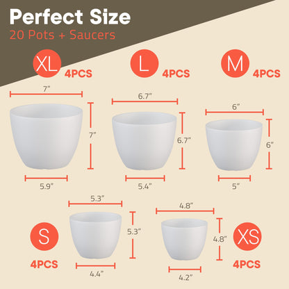 Campior Plastic Plant Pots with Drainage - Home Decor Flower Pot, Stackable Design for Indoor & Outdoor Use, Lightweight and Sturdy, Space-Saving, (7”, 6.6”, 6”, 5.3”, 4.8” Inches), Pack of 20, White