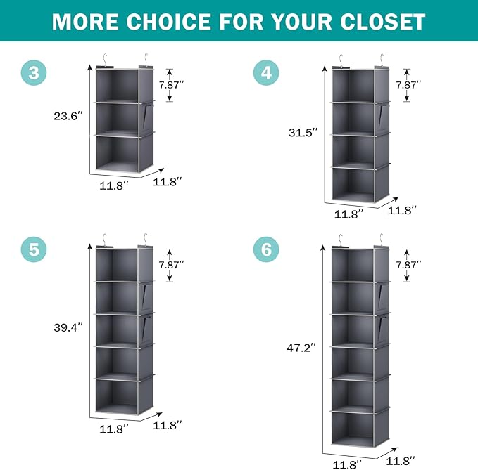 YOUDENOVA Hanging Closet Organizer, 3-Shelf Closet Hanging Storage Shelves