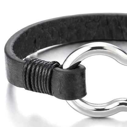 COOLSTEELANDBEYOND Nautical Anchor Black Leather Bracelet for Men and Women, Stainless Steel Screw Shackle, Leather Wrap Wristband, Sailing, Maritime, Ocean-Inspired Jewelry