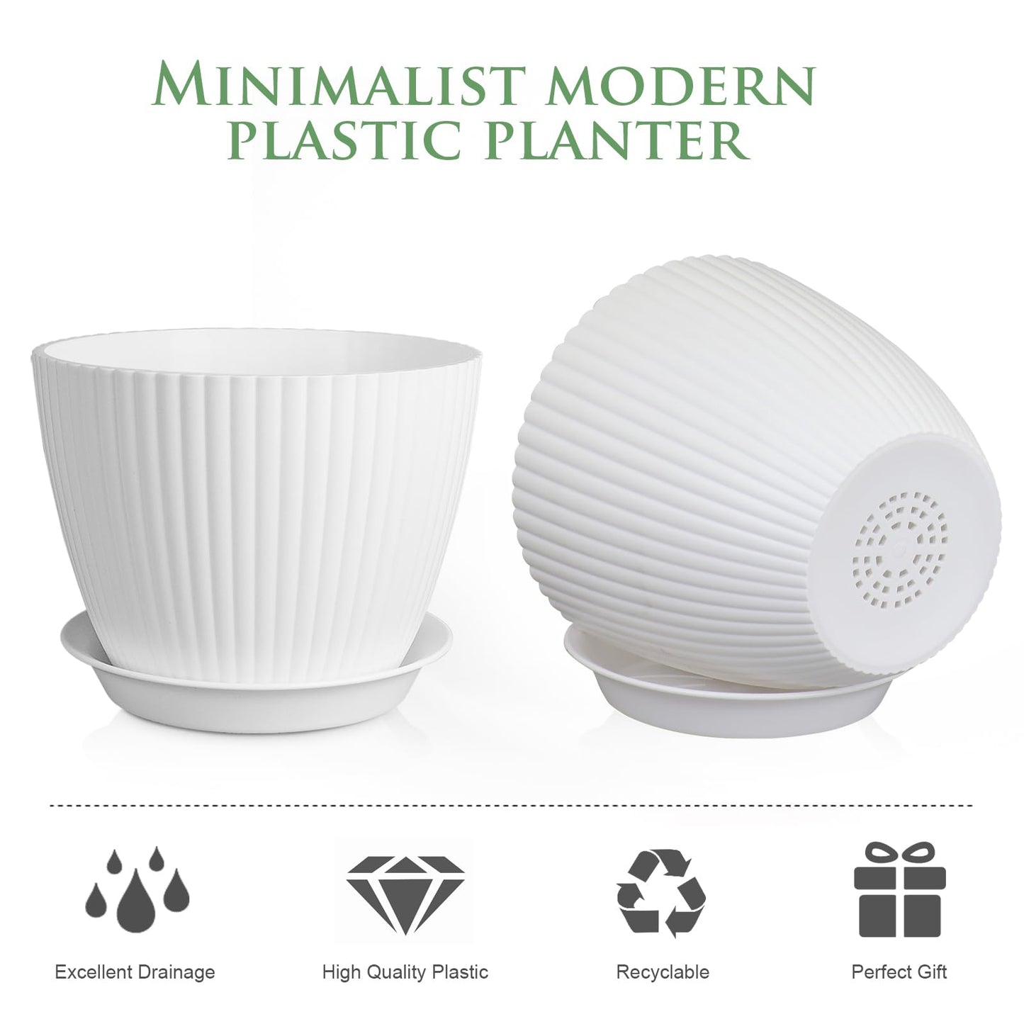 Meowell 7/6.2/5.5/5/4.5/4 inch Plant Pots, 6 Pack Flower Pots for Small Indoor Outdoor Plants, Plastic Planters with Drainage Holes and Saucers for Garden Succulent House Plants, White