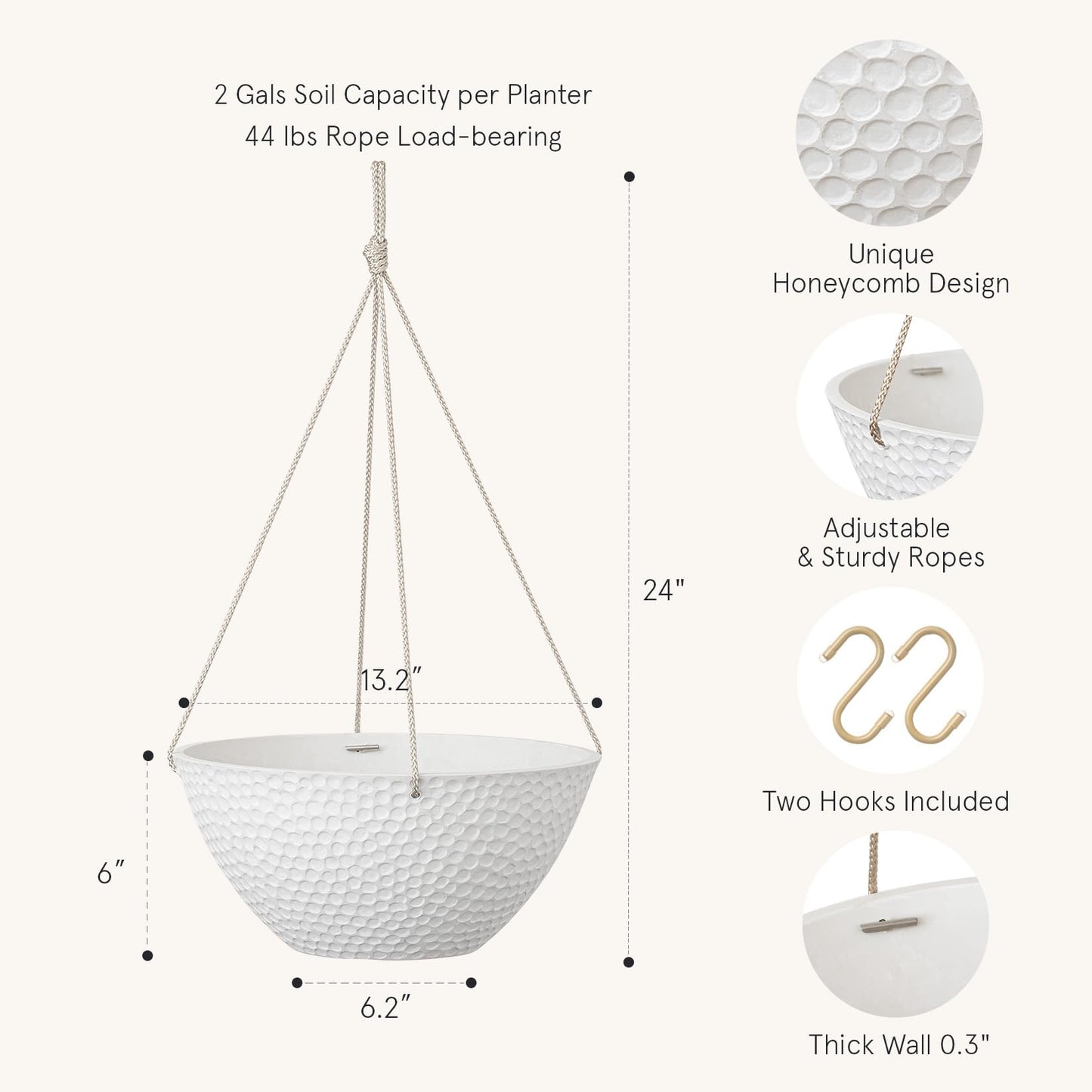 LA JOLIE MUSE Hanging Planters for Outdoor Plants, Large Hanging Planter with Drain Holes, Outdoor Hanging Flower Pots, White Stone, Honeycomb (13.2 Inch, Set of 2)