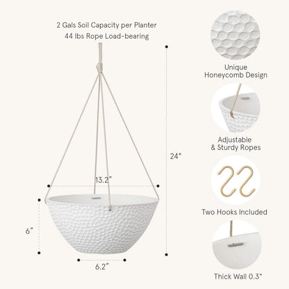 LA JOLIE MUSE Hanging Planters for Outdoor Plants, Large Hanging Planter with Drain Holes, Outdoor Hanging Flower Pots, White Stone, Honeycomb (13.2 Inch, Set of 2)