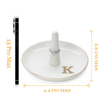 HOME SMILE Initials Ring Holder Jewery Tray with personalized K-Monogrammed Engagement Gifts for Friends,Birthday Mother's Day Christmas Gifts for Women,Ceramic White