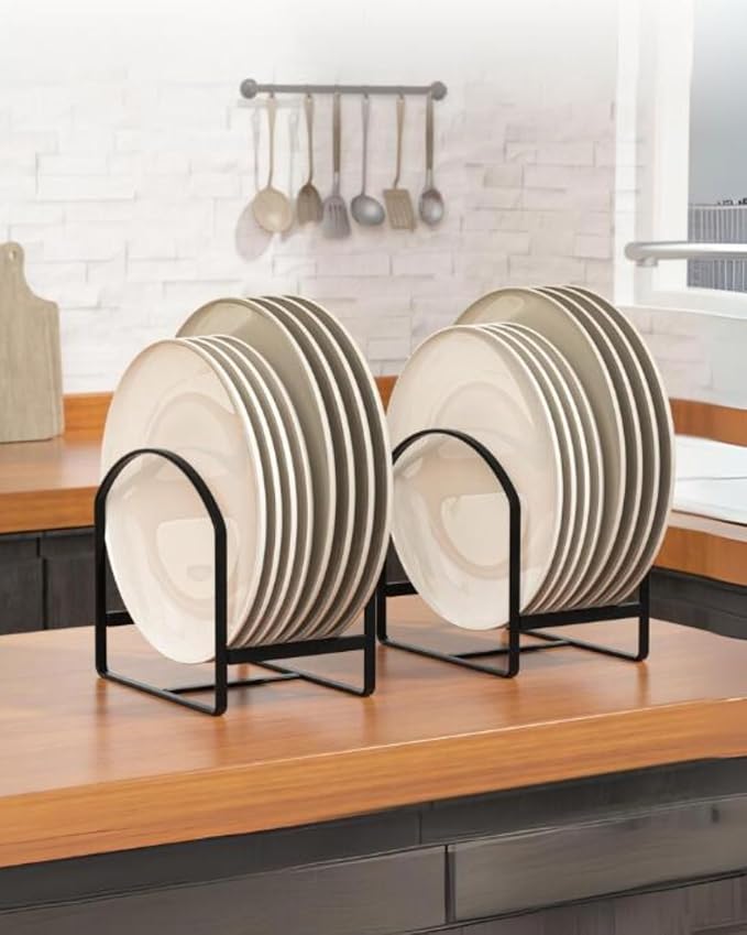 LINFIDITE 2 Pack Kitchen Plate Holder Organizer for Cabinet Space Saver Dinner Plate Storage Rack Upright Dish Drying Racks Metal Dish Stand for Cupboard Countertop Rustproof Black (1 Large 1 Small)