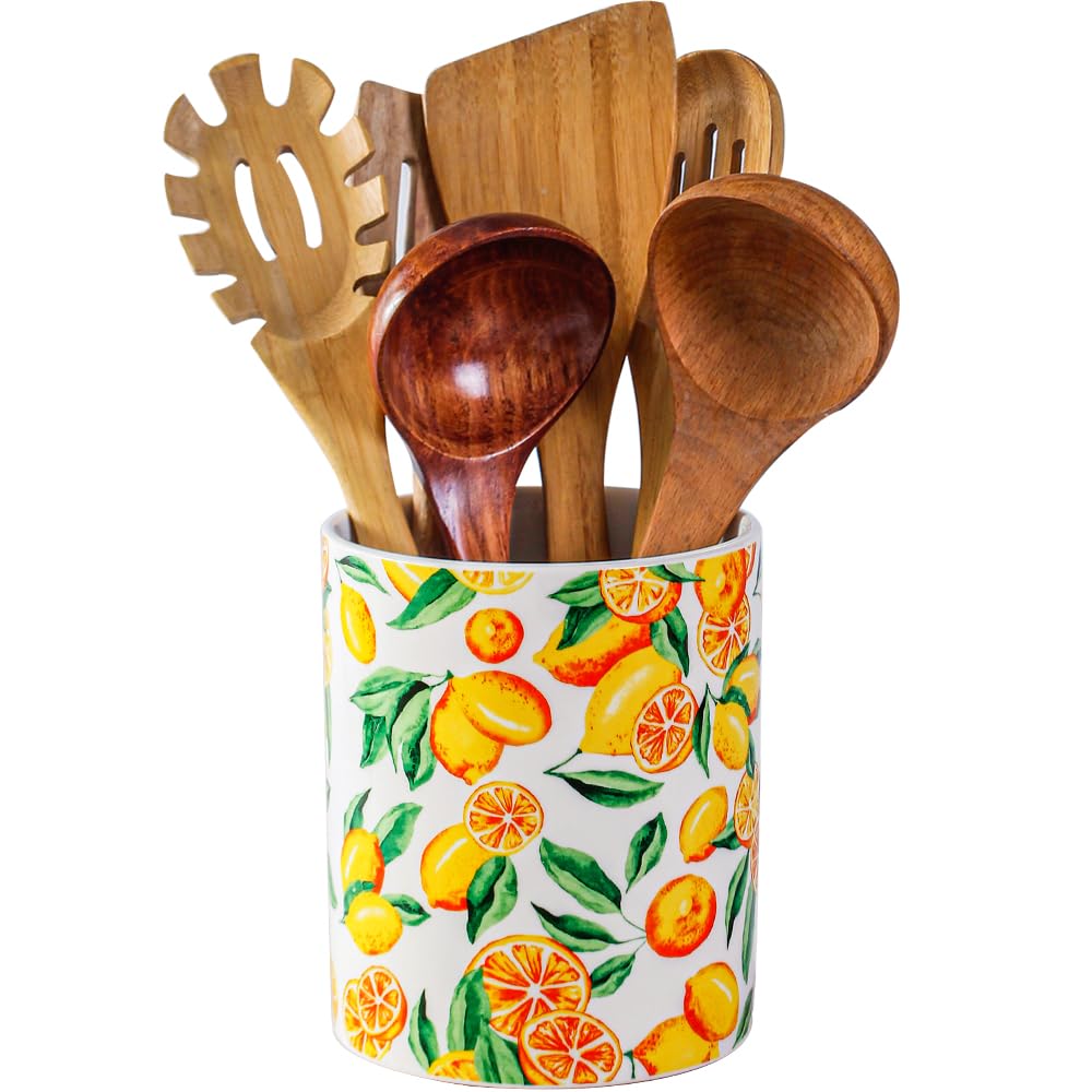 Kitchen Utensil Holder, 6.3" Ceramic Cooking Utensil Holder for Countertop, Large Utensil Crocks for Kitchen Counter Decor, Modren Utensil Organizer Decorative Fruit patterns (Yellow Lemon, 6.3 Inch)