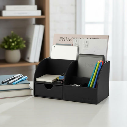 UnionBasic Desk Organizer - Multifunctional Leather Desktop Pen Holder Storage Box - Business Card/Pen/Pencil/Mobile Phone/Stationery Holder, Black