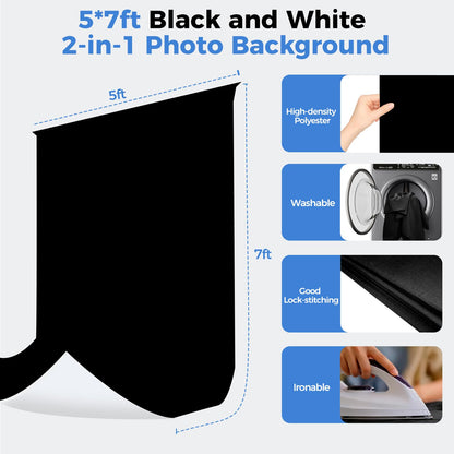 EMART Photo Backdrop with Stand Kit 6.5x5ft, Photography Black and White 2-in-1 Revisible Background Screen with Portable T-Shape Support and 5 Clamps for Video Recording Meeting Self Tape