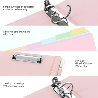 SKYDUE Pink 3 Ring Binder with Clipboard,1 Inch Linen Binder for 3 Hole Punch Letter Size Loose Leaf Paper with 5 Dividers, Pocket and Labels School and Office Supplies