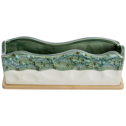 MyGift 13 Inch Large Rectangular Succulent Planter, Decorative Seafoam Green Glazed Beige Ceramic Indoor Plant Container Pot with Removable Bamboo Tray