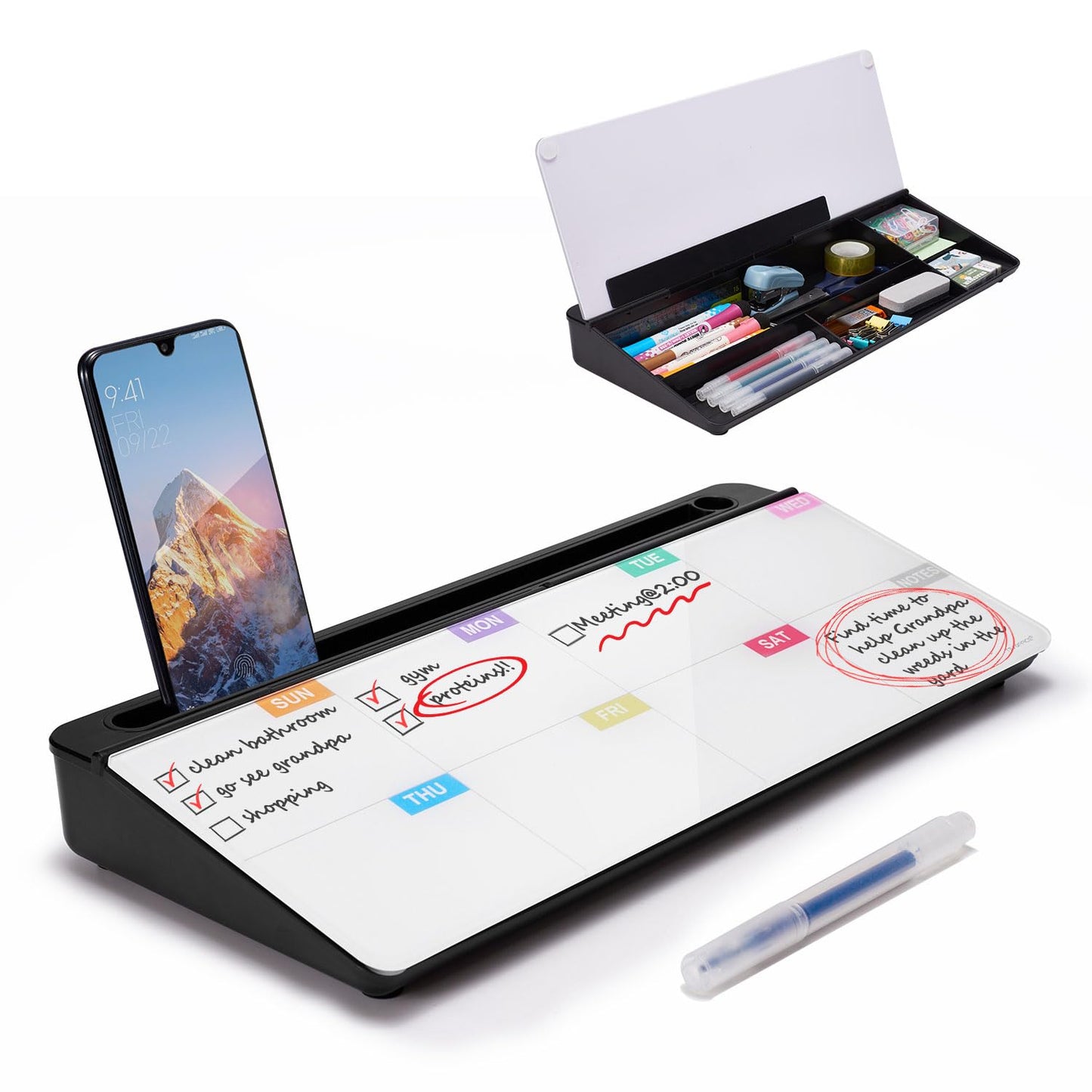 TSJ OFFICE Whiteboard Weekly Dry-Erase-Board - Desktop White Board Calendar Desk Organizers with Accessories Computer Keyboard Stand with Drawer, for Office, Home, School Supplies - Black Calendar