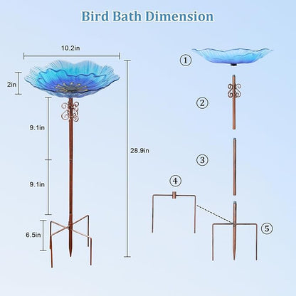 hogardeck 2 in 1 Floral Glass Bird Bath & Feeder - Hanging or Freestanding Outdoor Bird Bath with Sturdy 5-Pronged Base for Garden, Patio, Yard, Lawn Decor
