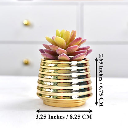 ROSE CREATE 4pcs 3.5 Inches Gold Mini Succulent Ceramic Pots Holder with 4pcs Bamboo Trays, Small Simple Golden Porcelain Plant Cactus Flower Holder Decorative Planters, Plants Not Included