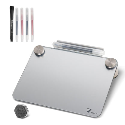 Silver Metallic Glossy Mirror Small Whiteboard with Nail Support, Mini Desktop Glass Whiteboard, Desk White Board Dry Erase with Accessories, Stenography Artifact for Office Homeschooling Décor, 8x6''