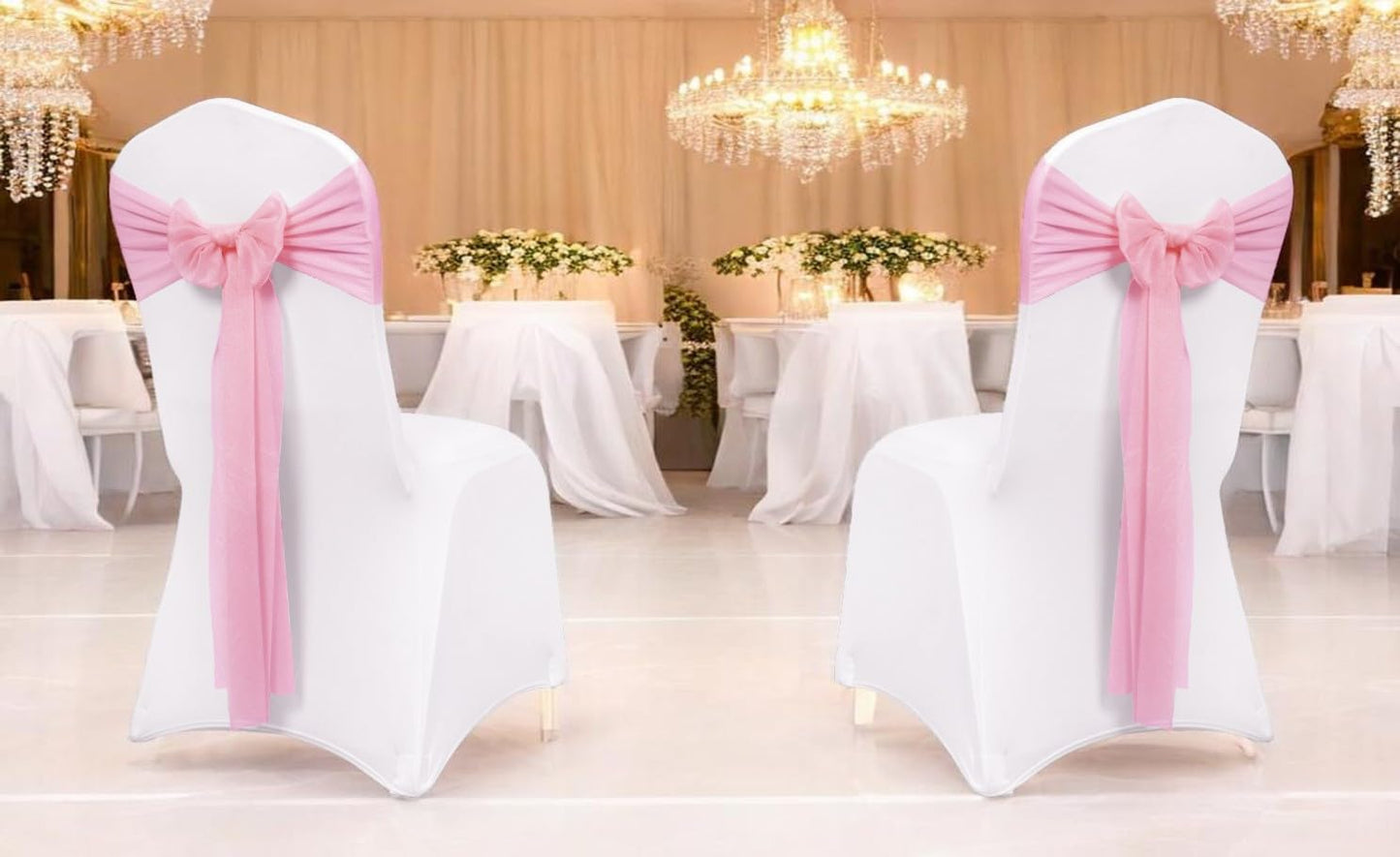 VDS Pack of 50, Blush Pink, Sheer Chiffon Chair Sashes Bows Chair Cover Back Tie Ribbon for Wedding Birthday Baby Shower Engagement Ceremony Event Party Banquet Restaurant Dining Chair Decoration