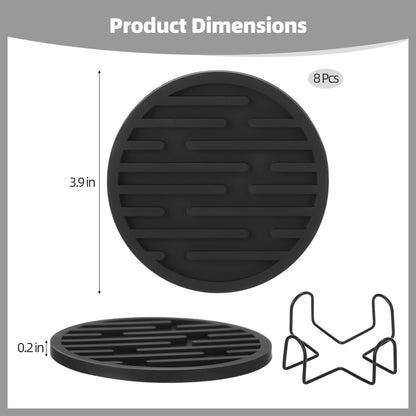 8 Pcs Black Silicone Coasters Set with Storage Holder, 3.9 in Round Modern Groove Pattern Drink Mats, Thick Non-Slip Coasters for Home Office Tabletop Protection
