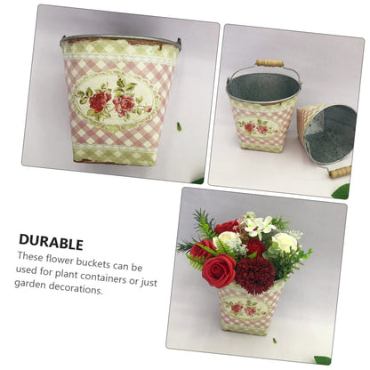Parliky 2 Pack Metal Flower Buckets with Handle 5.7 Inch Rustic Iron Planters for Garden Patio Balcony Floral Arrangement Containers