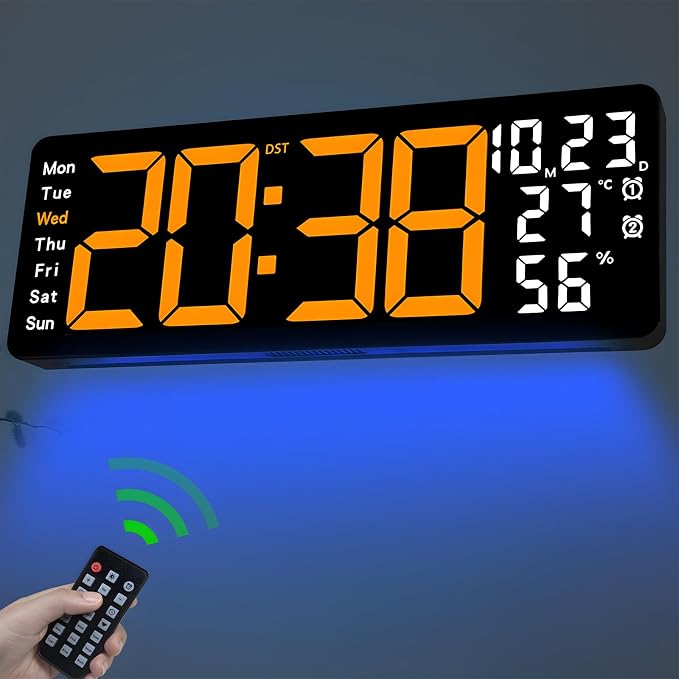 JoFomp 17.3" Large Digital Wall Clock, LED Digital Clock Large Display with Remote Control, Alarm Clock with Temp/DST/Dimmer/Humidity/Timer/Ambient Light - 12/24H, Alarm Wall Clock for Bedroom