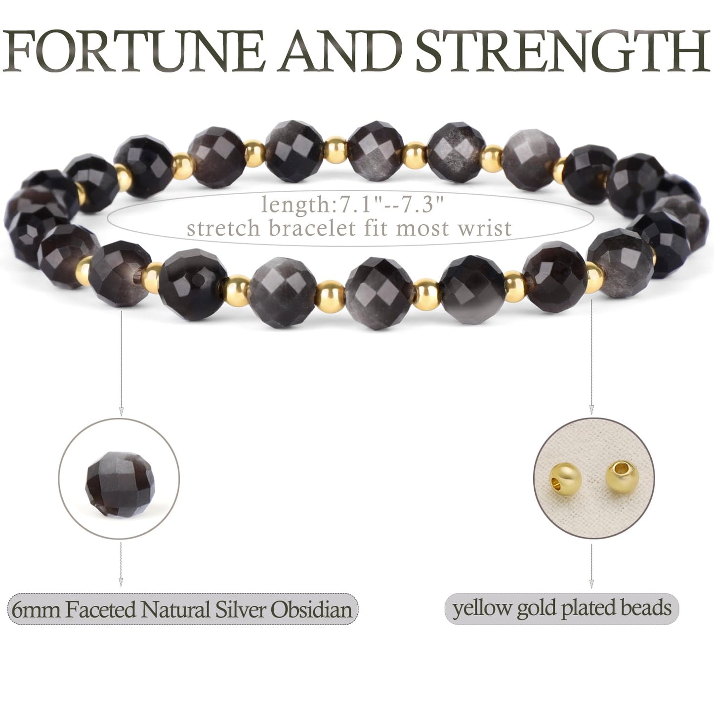 QOGIR Silver Obsidian - Fortune and Strength - 14K Gold Plated Beads Natural Gemstone Stretch Elastic Dainty Healing Beaded Bracelets Gifts 6mm