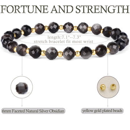 QOGIR Silver Obsidian - Fortune and Strength - 14K Gold Plated Beads Natural Gemstone Stretch Elastic Dainty Healing Beaded Bracelets Gifts 6mm