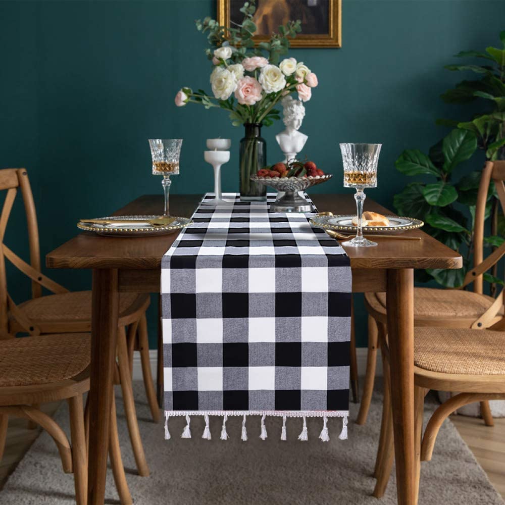 DUOBAO Black and White Checkered Table Runner 108 inches Long Halloween Tablecloth-Runners Buffalo Plaid Fabric with Tassels Gingham for Tables Outdoor Indoor Wedding Birthday Party (2pcs 14x108-Inch)