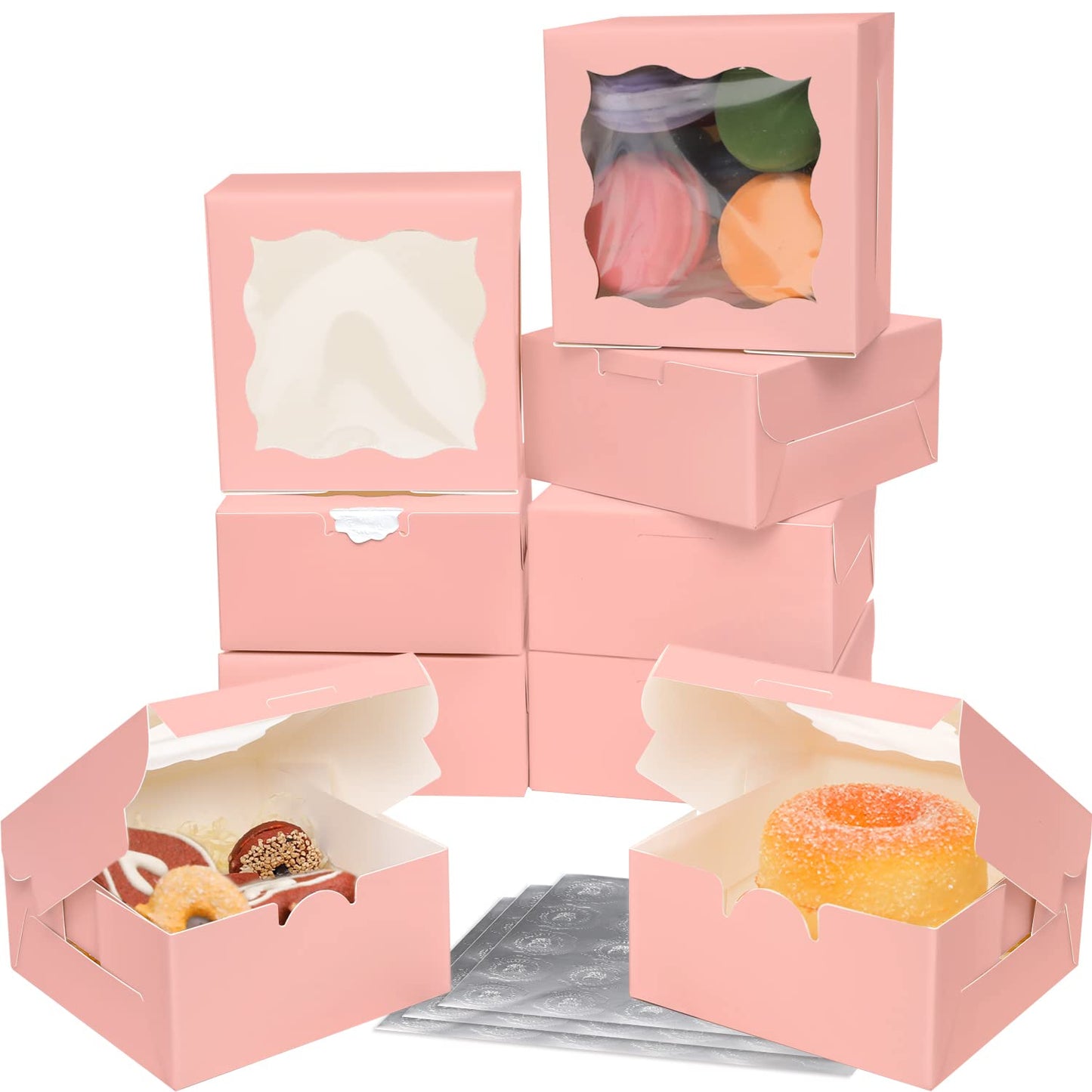 Bakepacker Pink Bakery Boxes with Window 4x4x2.5 inches Small Size Pastry Boxes Mini Cookie Boxes for Bakerys Thick & Sturdy （100 Packs）