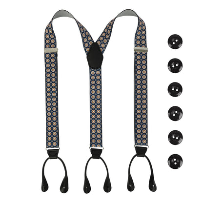 LEHOMU Men Button Suspenders Adjustable,1.4 Inch Wide Heavy Duty Y-Back Elastic Tuxedo Elastic Mens Suspenders with Leather Buttons End,Dark Blue and Golden Circle Pattern