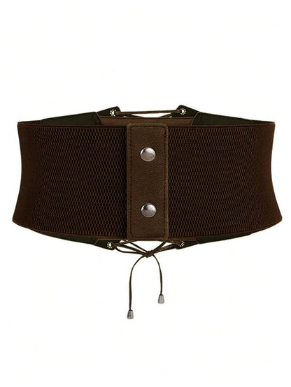 WDIRARA Women's Faux Leather Corset Belt Retro Lace Up Elastic Corset Waist Cincher Belt Brown Small