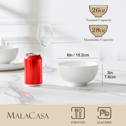 MALACASA 26 OZ Porcelain Soup Bowls Set of 4, White Ceramic Bowls for Kitchen, Cereal Bowl for Oatmeal, Fruit, Salad, Ramen and Rice Bowl -Dishwasher & Microwave Safe Bowls