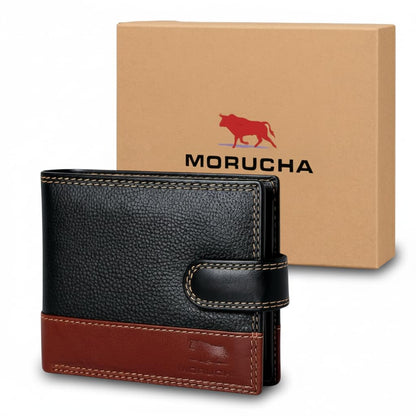 MORUCHA RFID Blocking Genuine Leather Wallet for Men – Slim Bifold Bull Leather Wallet with Coin Pocket, ID Window, 8 Card Slots – Premium Black/Brown Luxury Gift Box (Model #M75)